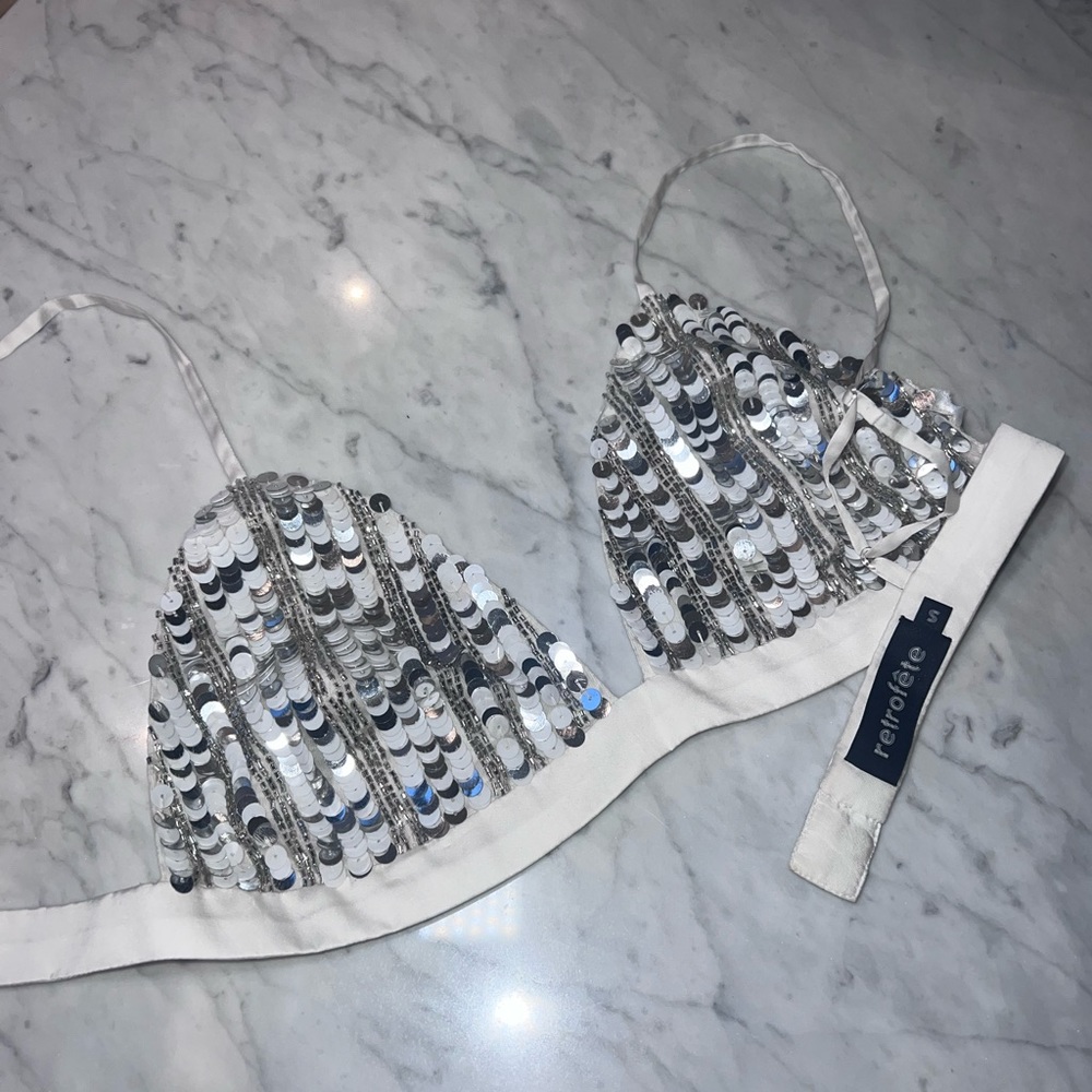 Retrofete white satin bralette with silver sequins